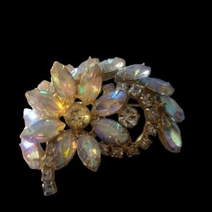 Vintage Aurora Borealis Floral Rhinestone Brooch Bridal Bouquet Pin 1950's